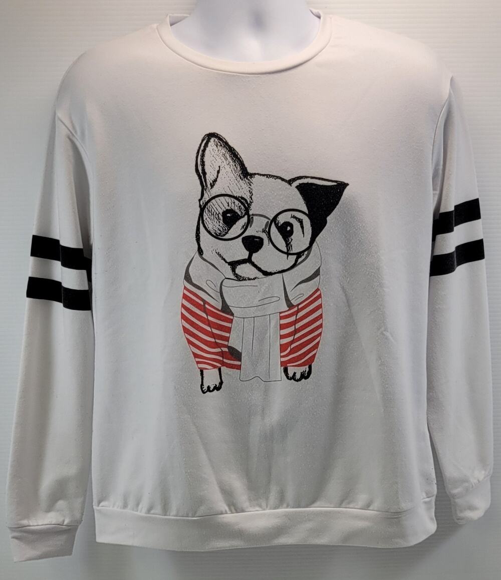 I9) Allegra K Woman French Bulldog Graphic Long Sleeve White Sweatshirt Medium